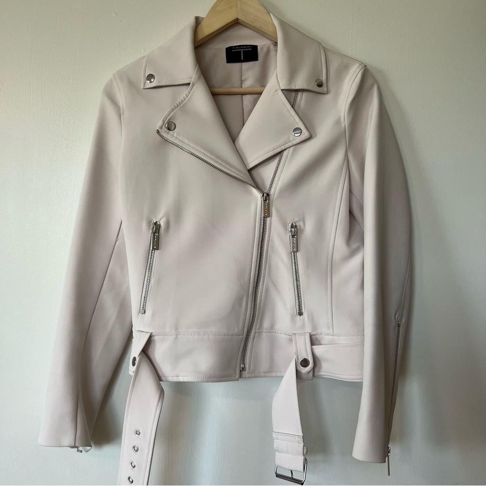 NWT Women’s T Tahari Motorcycle Jacket Faux Leather Light Pink Size Small